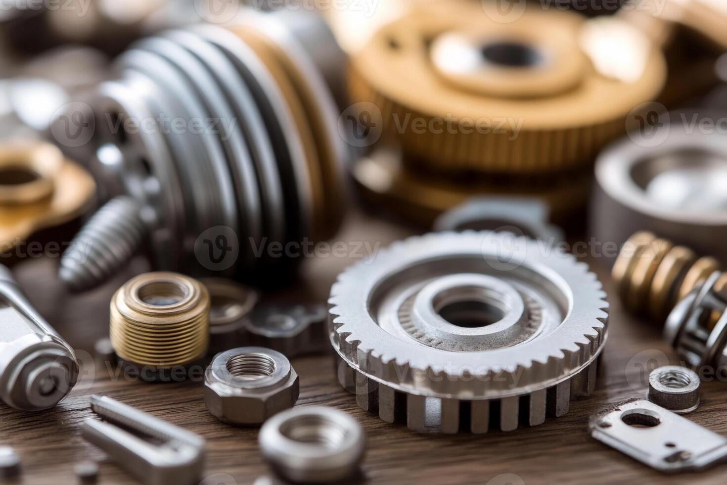 A variety of metal parts on a wooden table photo