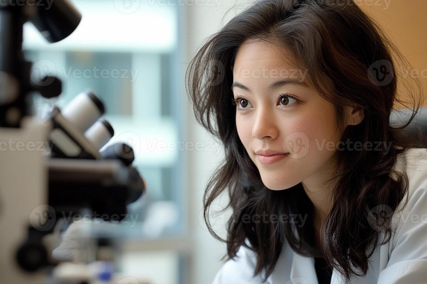 A young woman in a lab coat looking at a microscope photo