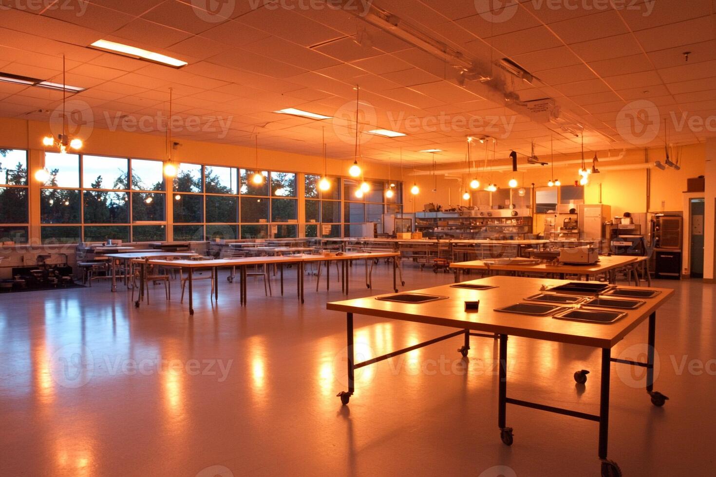 A large room with tables and chairs photo