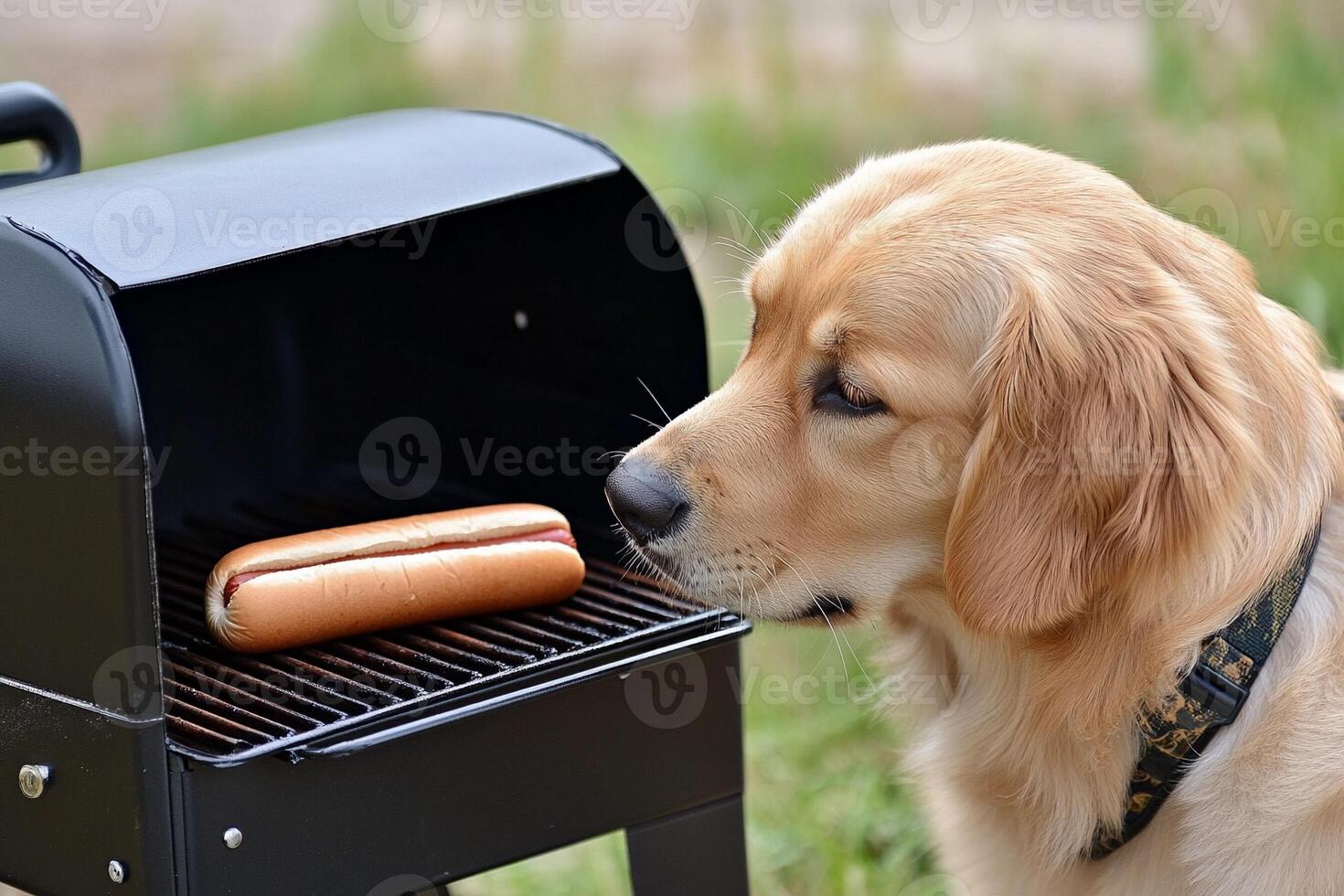 A golden retriever dog is looking at a hot dog on a grill photo