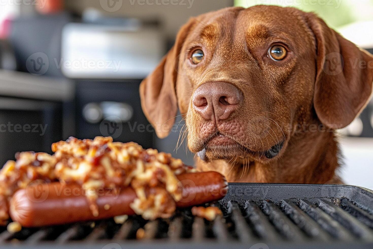 A brown dog is looking at a hot dog on a grill photo