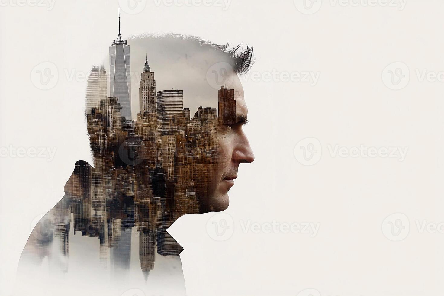 A man is looking at the city skyline from the side photo