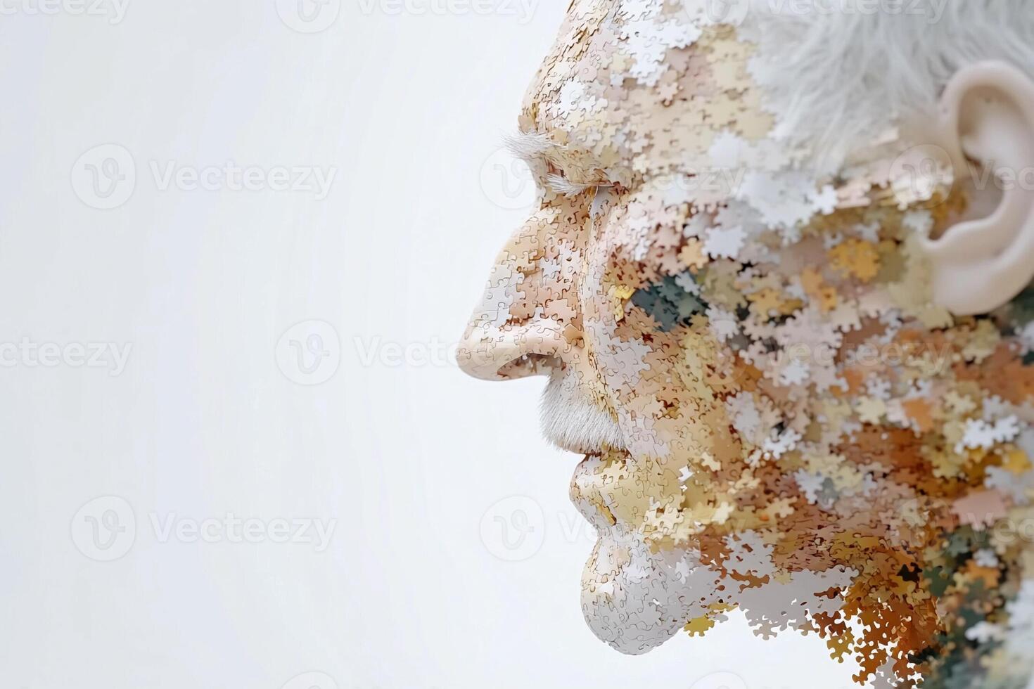 A sculpture of a man's head with a lot of pieces of puzzle photo