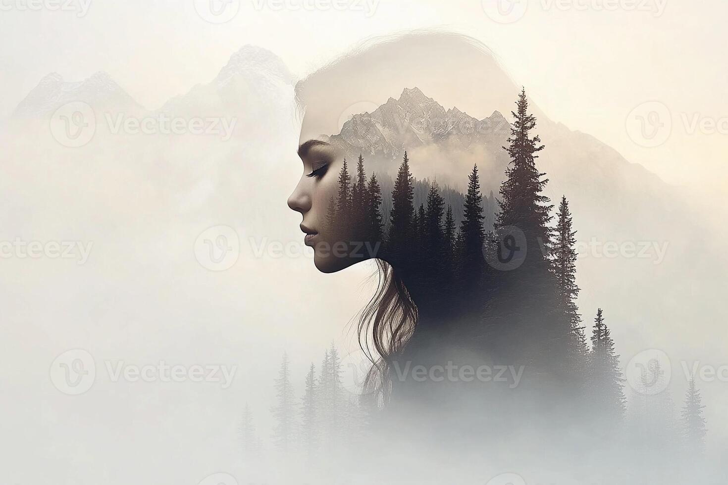 A woman's face is in the middle of a mountain landscape photo