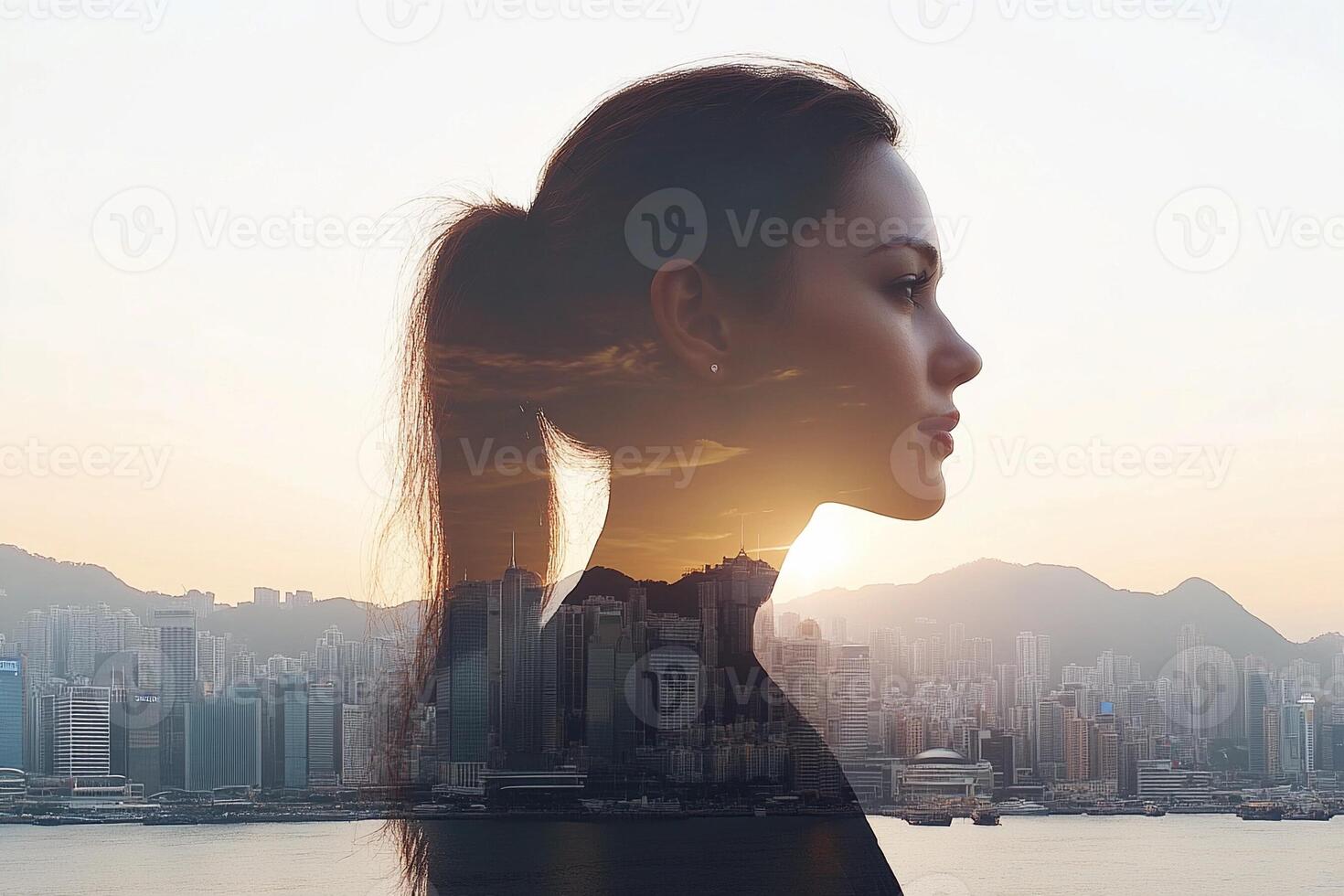 Double exposure of a woman with hong city skyline in the background photo