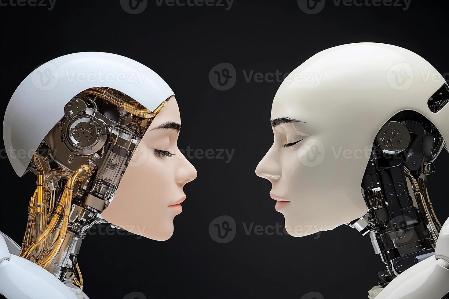 Two robots facing each other with their heads turned to the side photo
