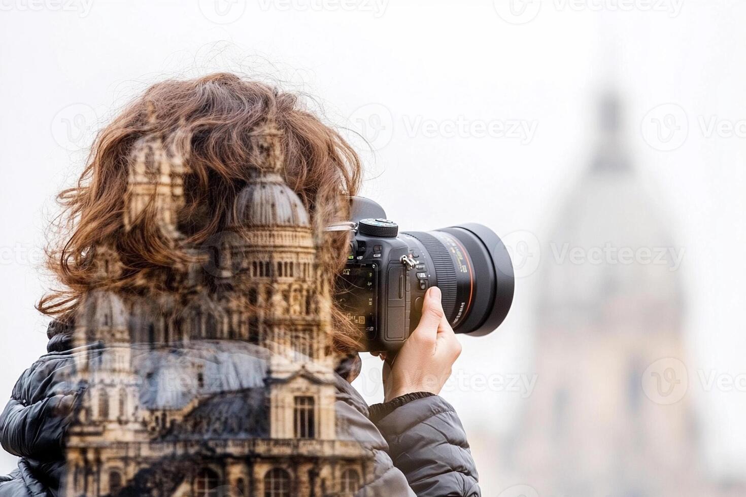 A woman taking a photo of a building with a camera