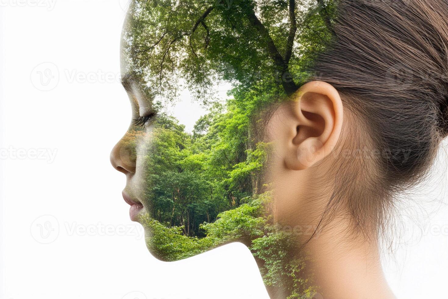 A woman's face is made up of two images of trees photo