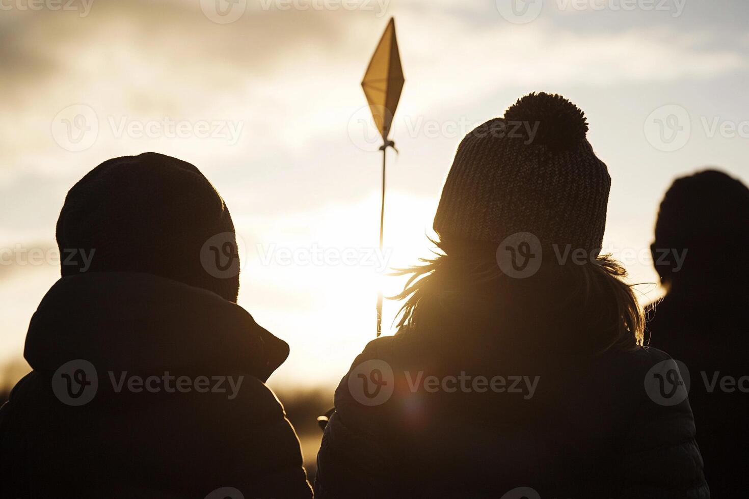 Three people are standing in the sun with a kite photo
