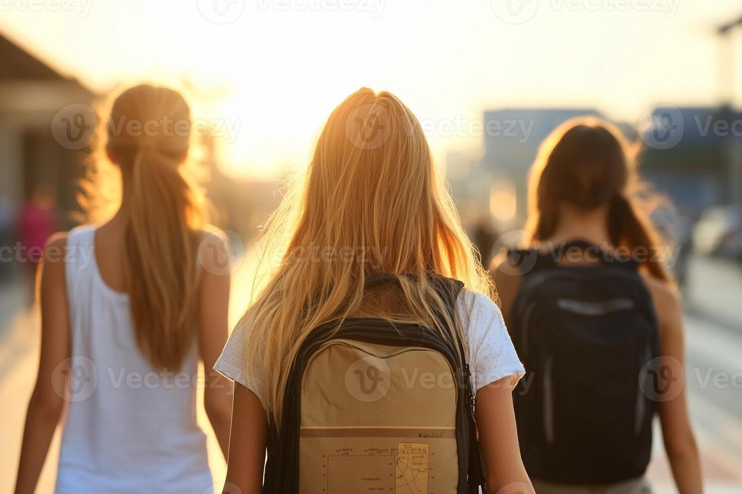 Three girls walking down a street with backpacks photo