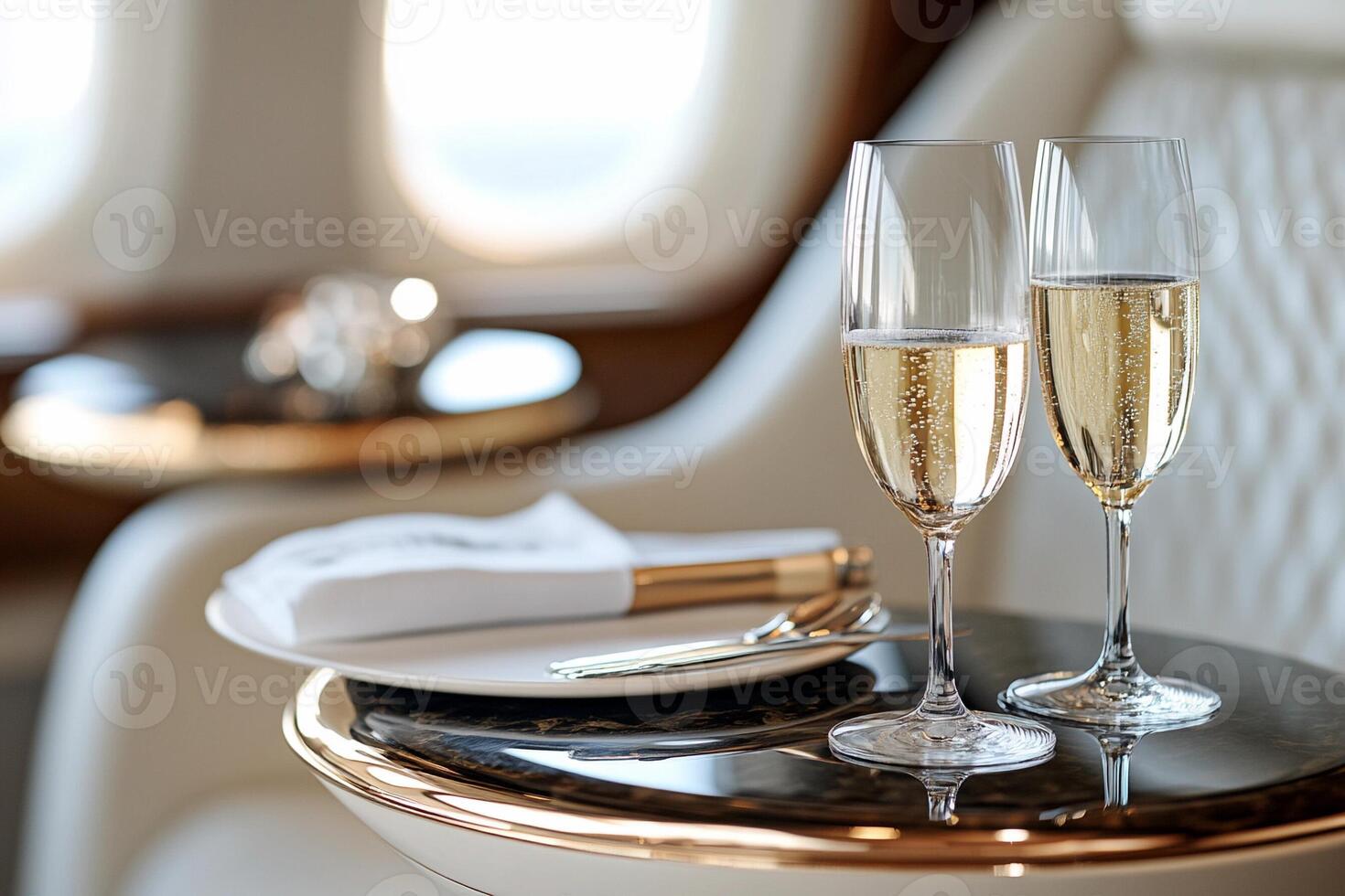 Two champagne flutes on a table in an airplane photo