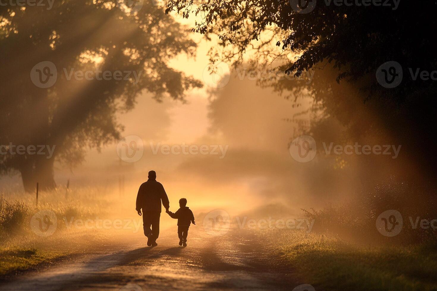 Father and son walking down a country road at sunrise photo