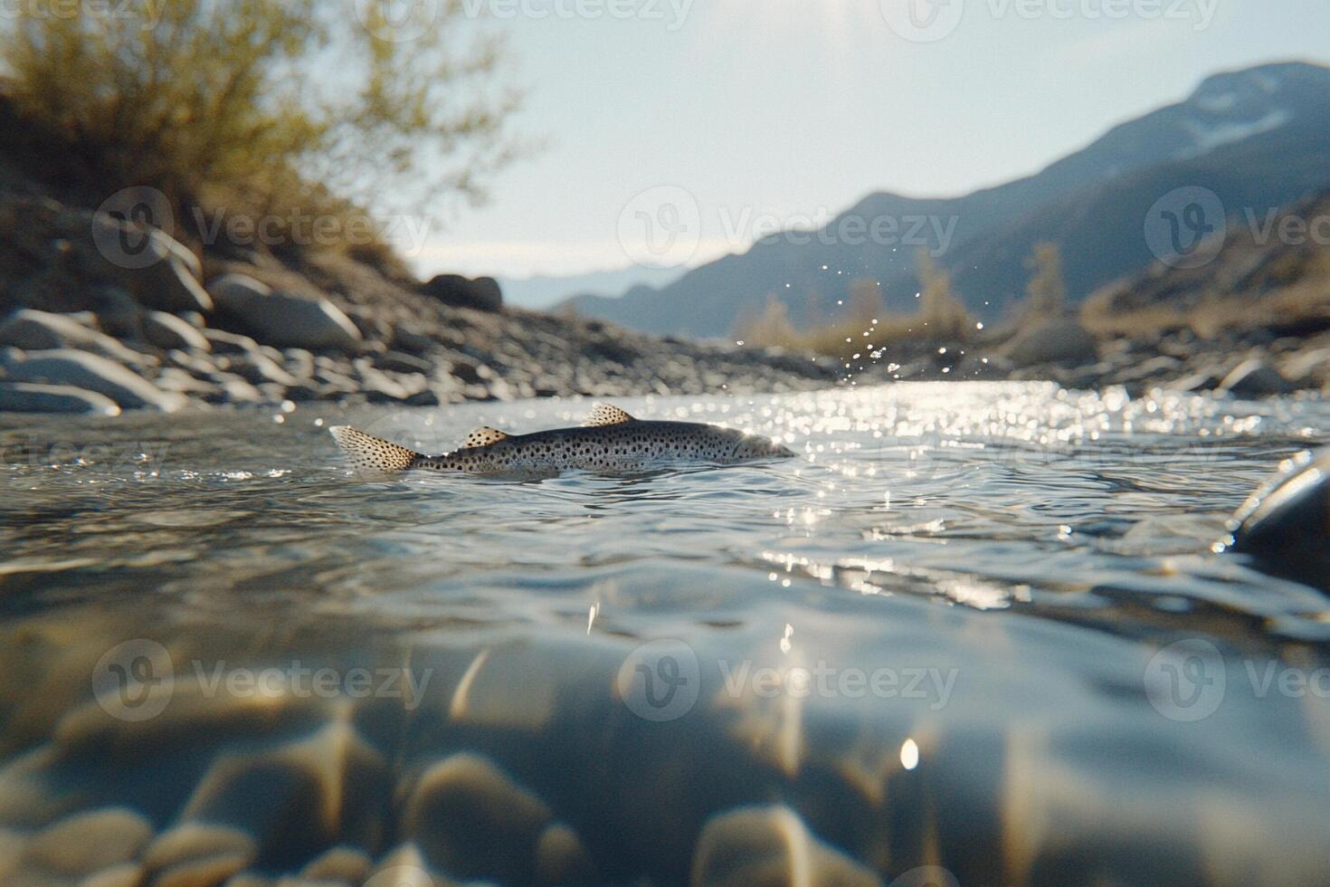 A fish swimming in a river with mountains in the background photo
