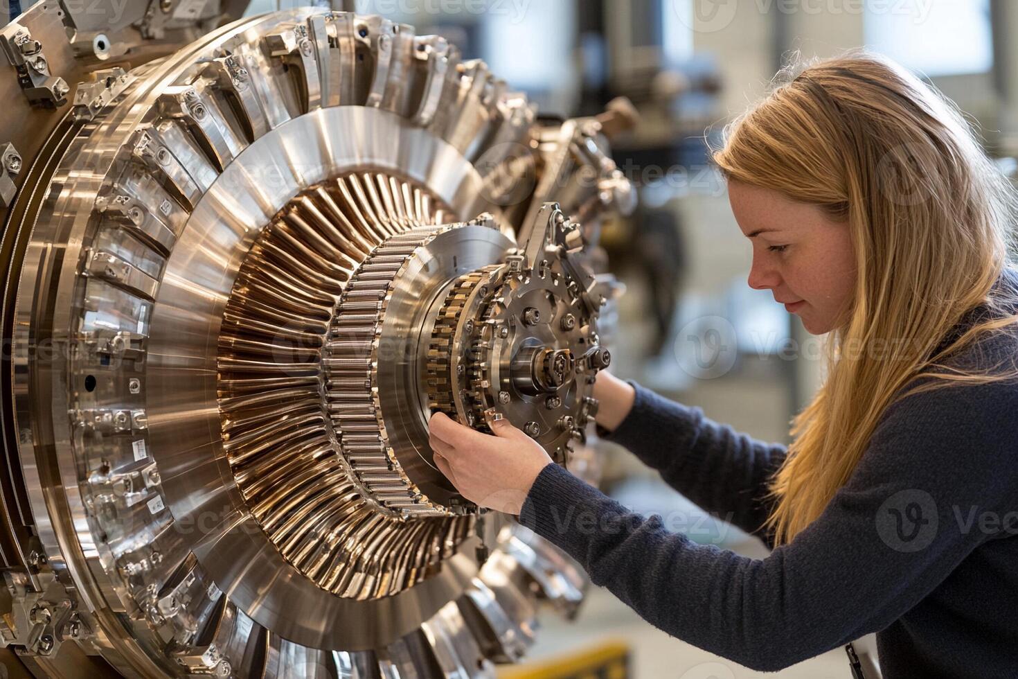 A woman working on a turbine engine in a factory photo
