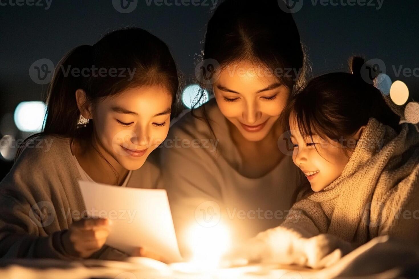 Asian mother and daughter reading a paper at night photo