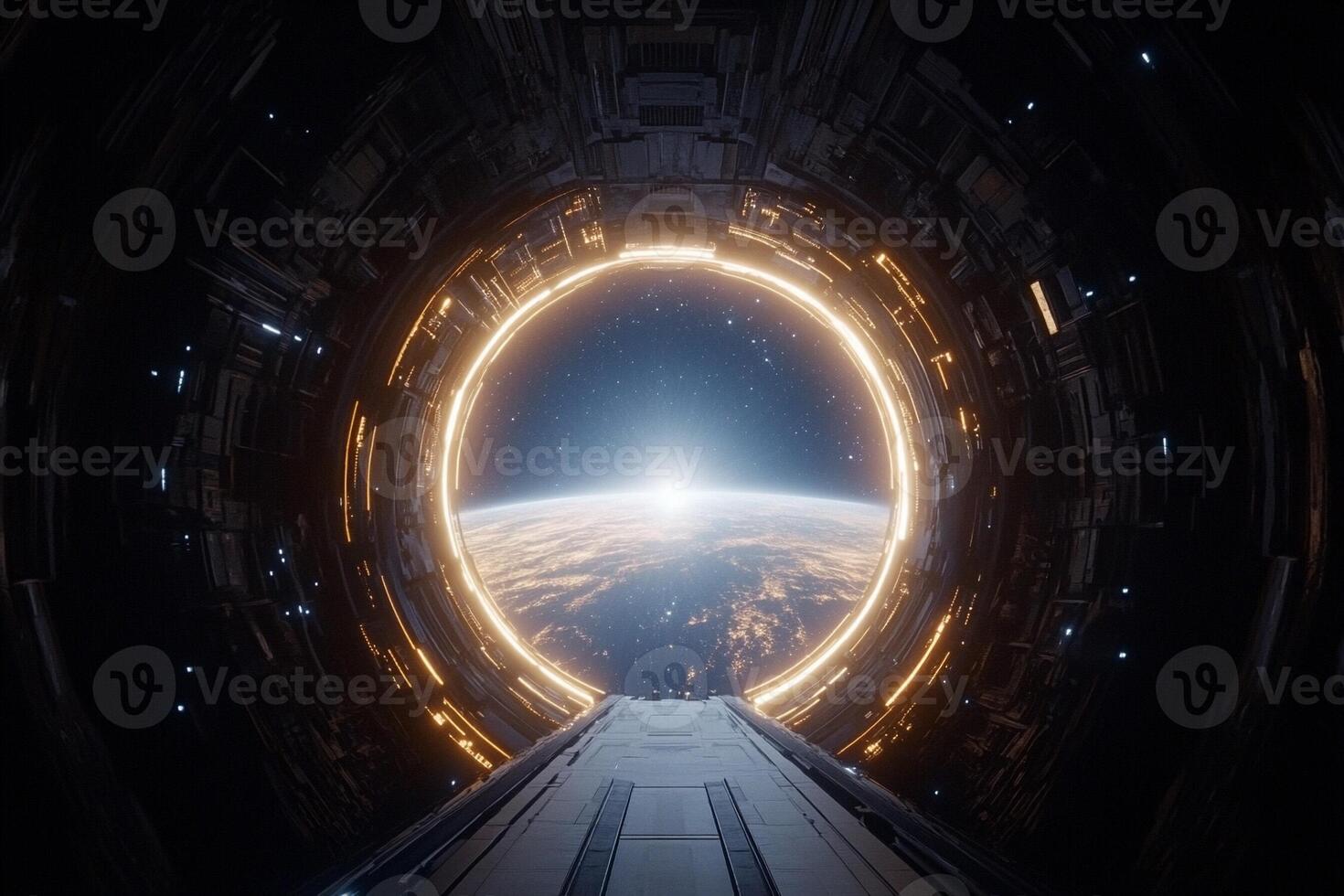 A futuristic space station with a view of earth photo