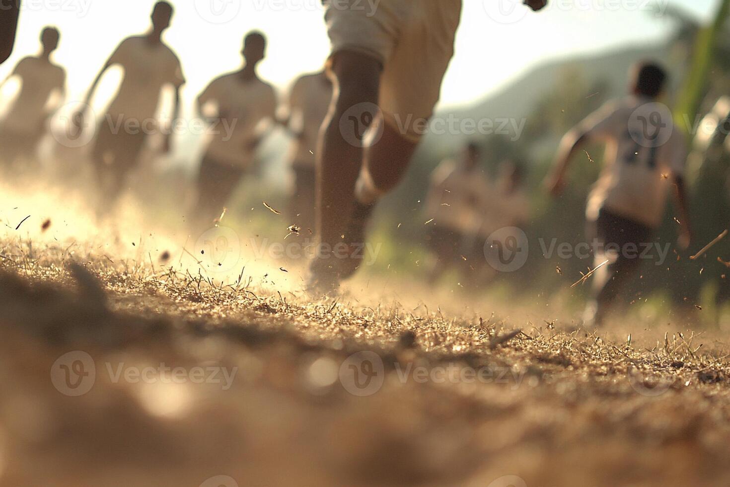 A group of people running in a field photo