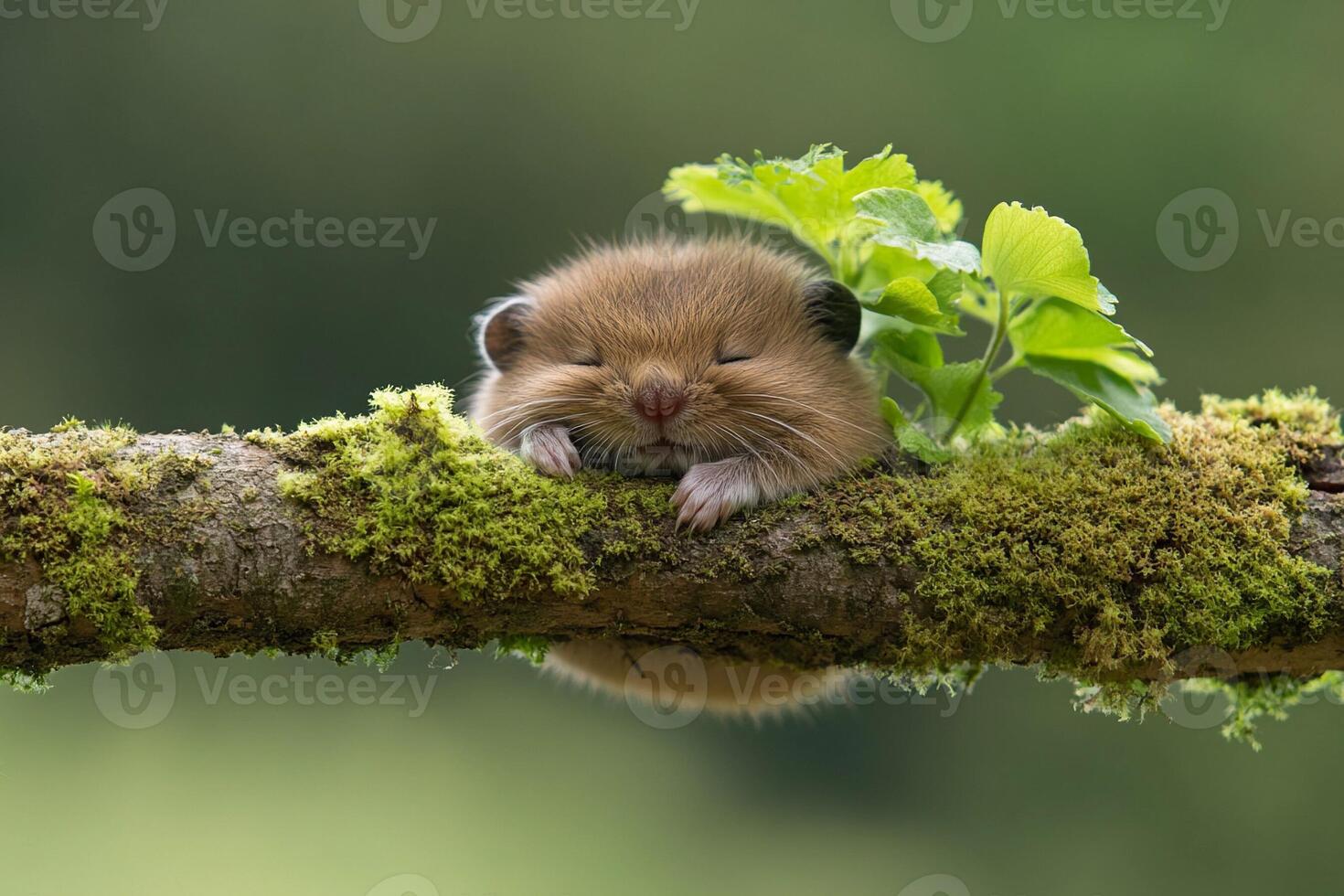 A small hamster sleeping on a branch photo