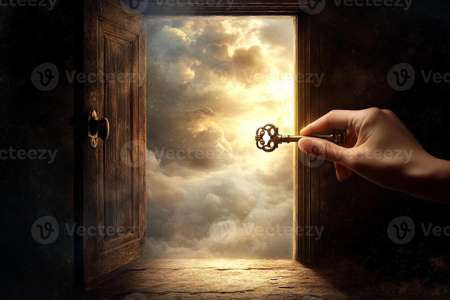 A hand holding a key to open a door to a cloud filled room photo