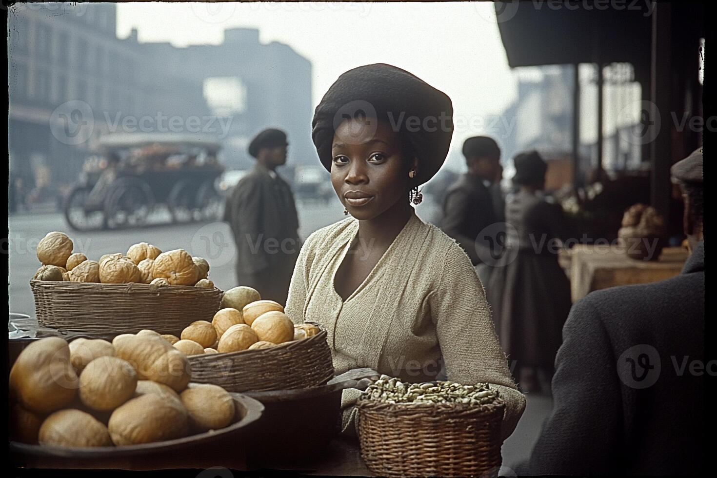 A woman selling oranges in a market photo