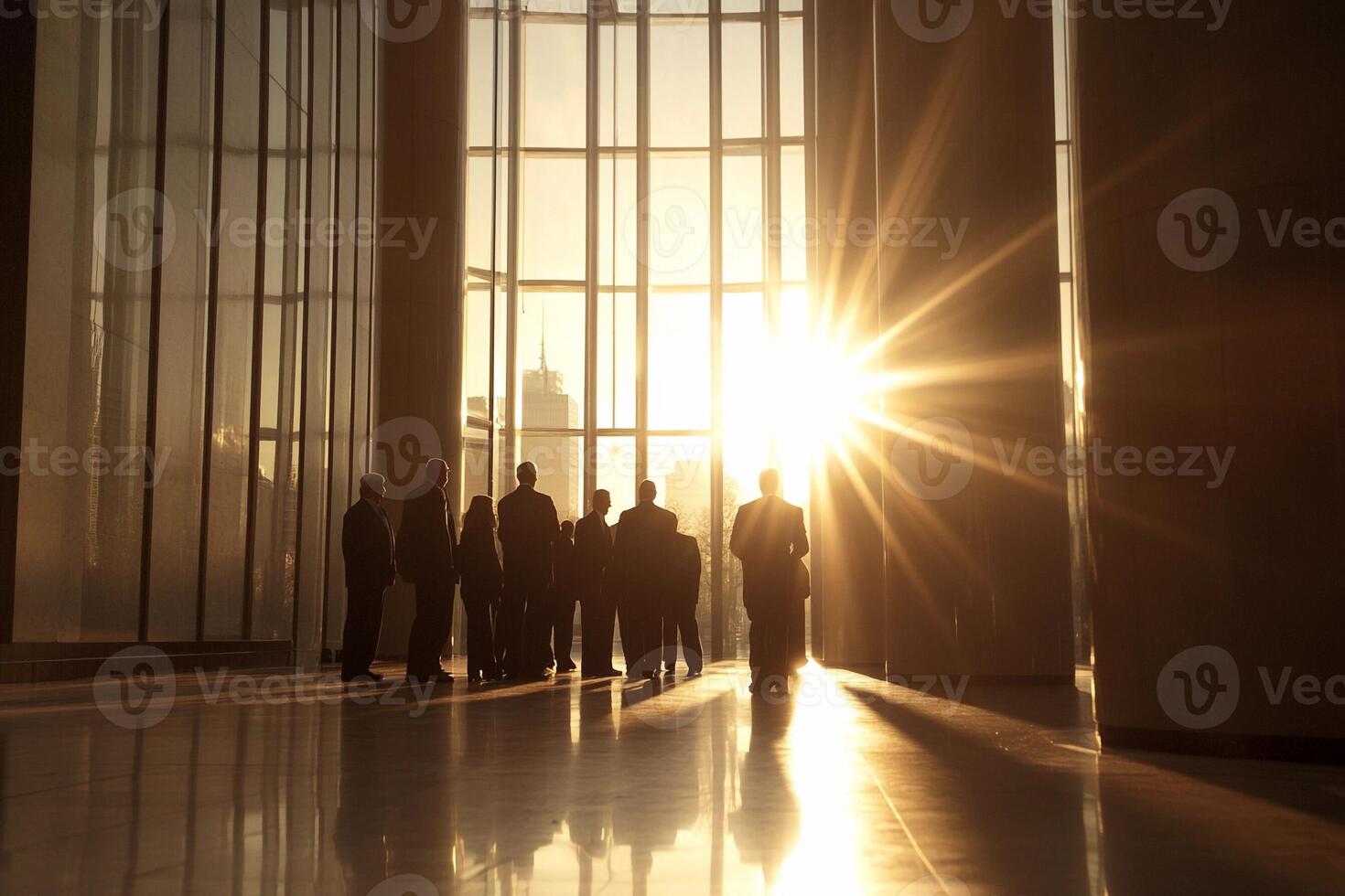 Silhouettes of business people standing in front of large windows photo