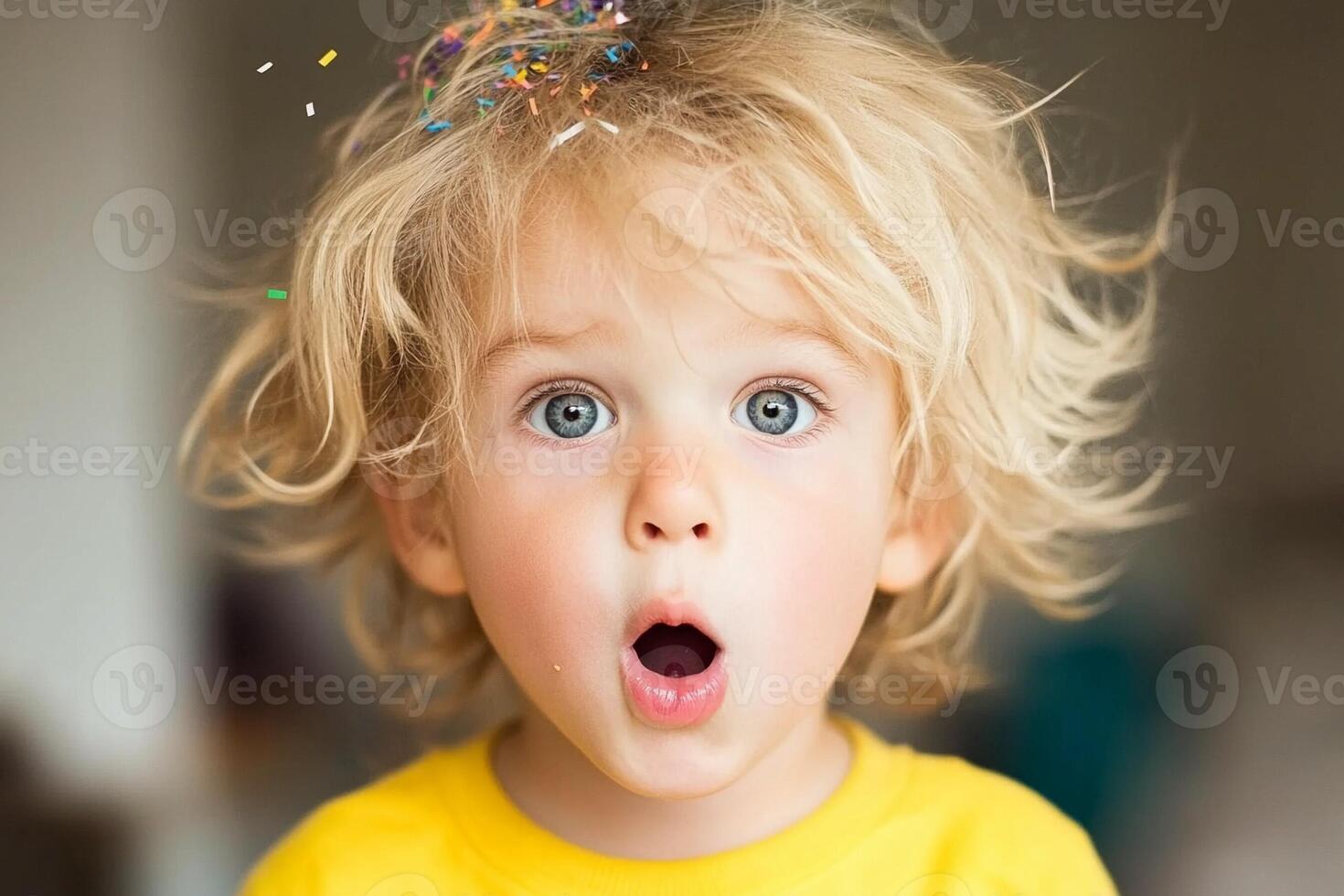 A young child with a surprised expression photo