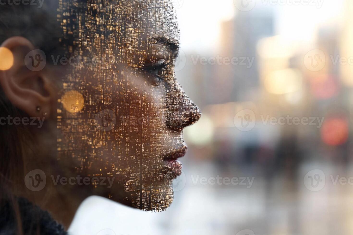 A woman with a face made of digital code photo