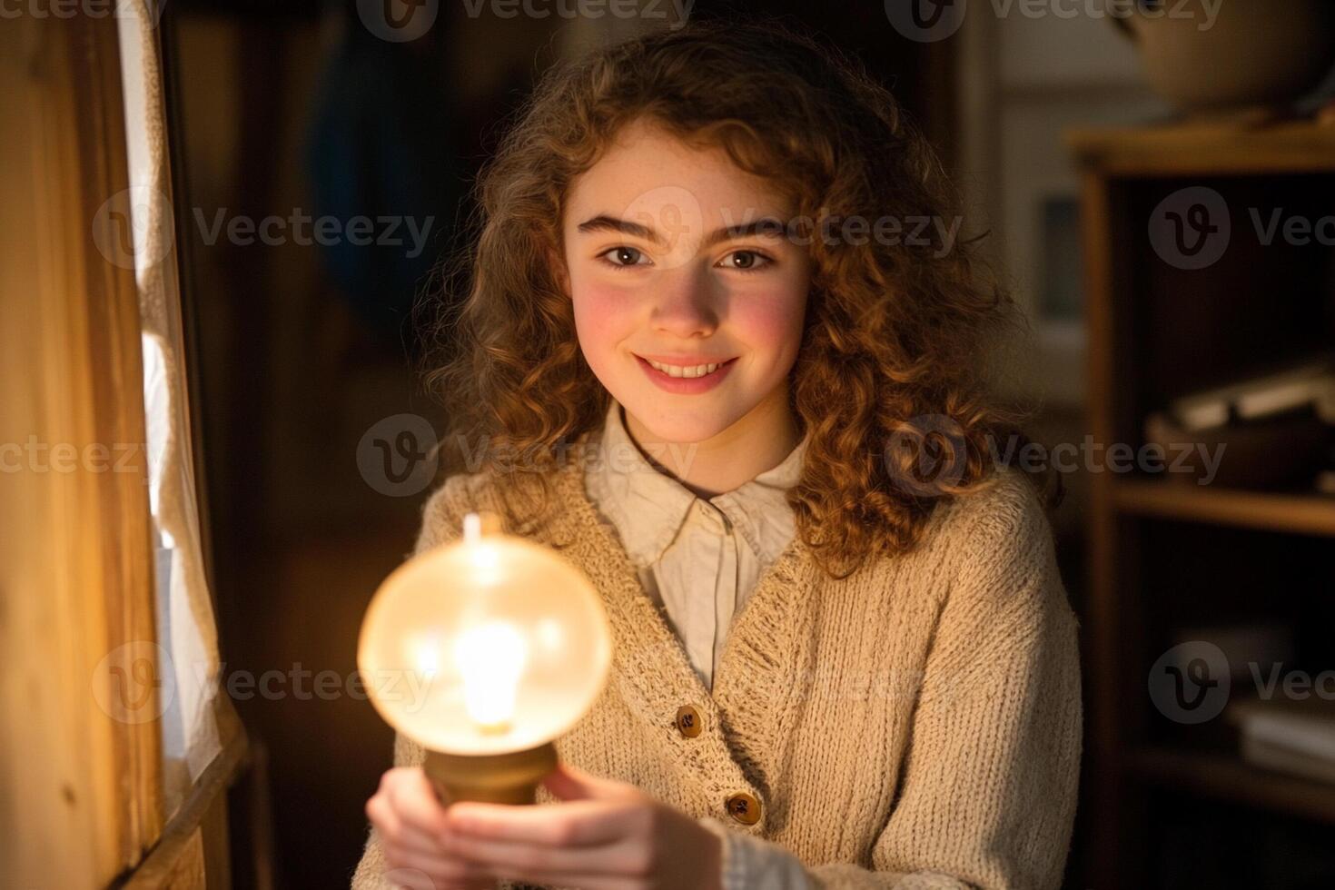 A girl holding a light bulb in front of a window photo