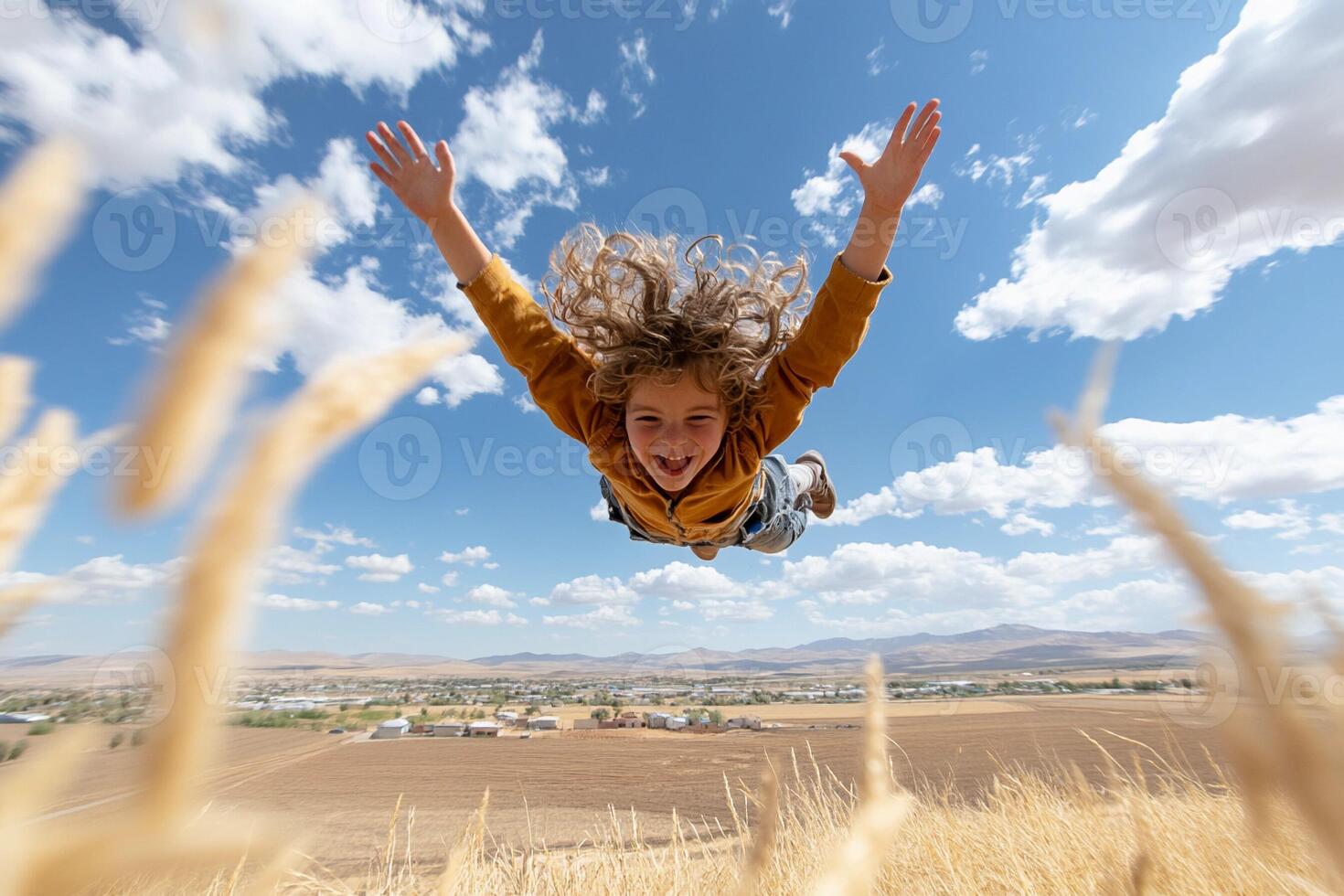 A girl is flying through the air in a field photo
