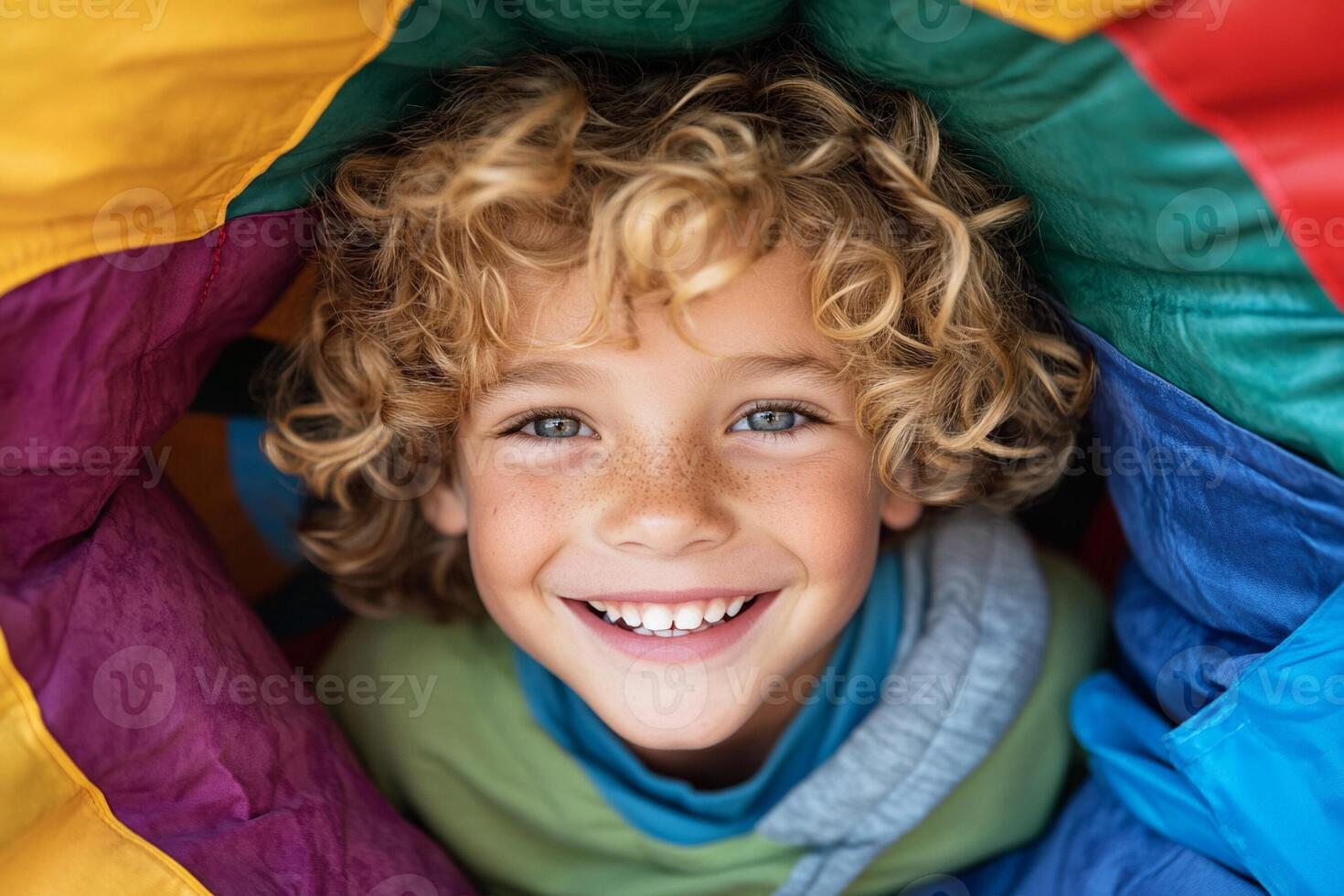 A young boy smiles while inside a colorful tent photo