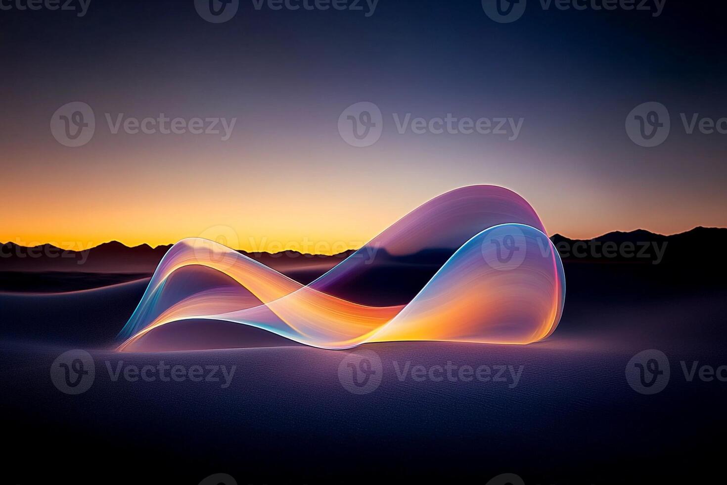 A colorful wave of light is shown in the desert photo