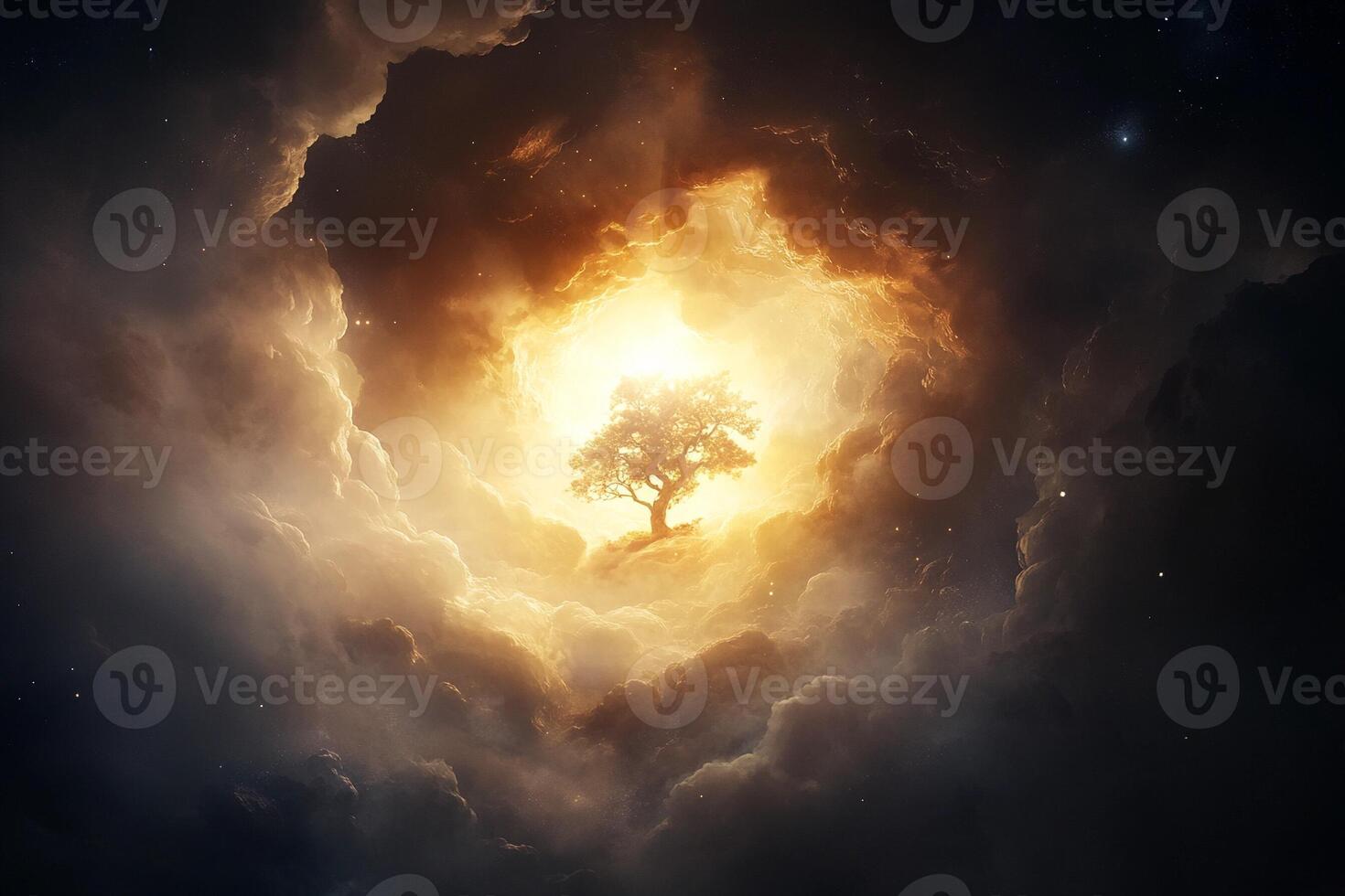 A tree is in the clouds with a light shining through it photo