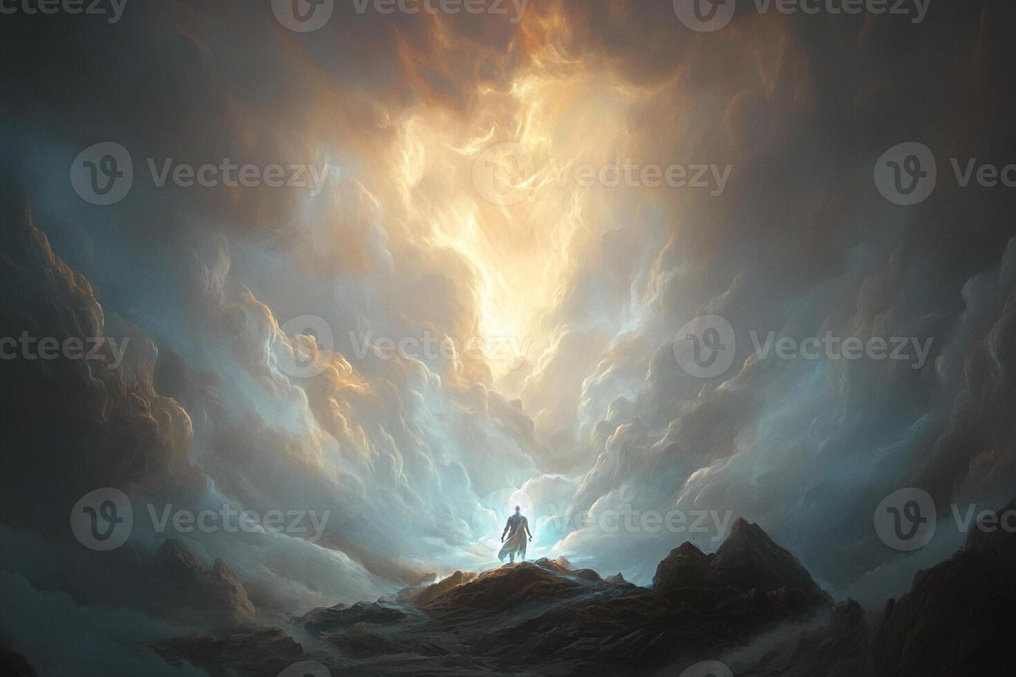 A man standing on top of a mountain with a bright light coming from the sky photo