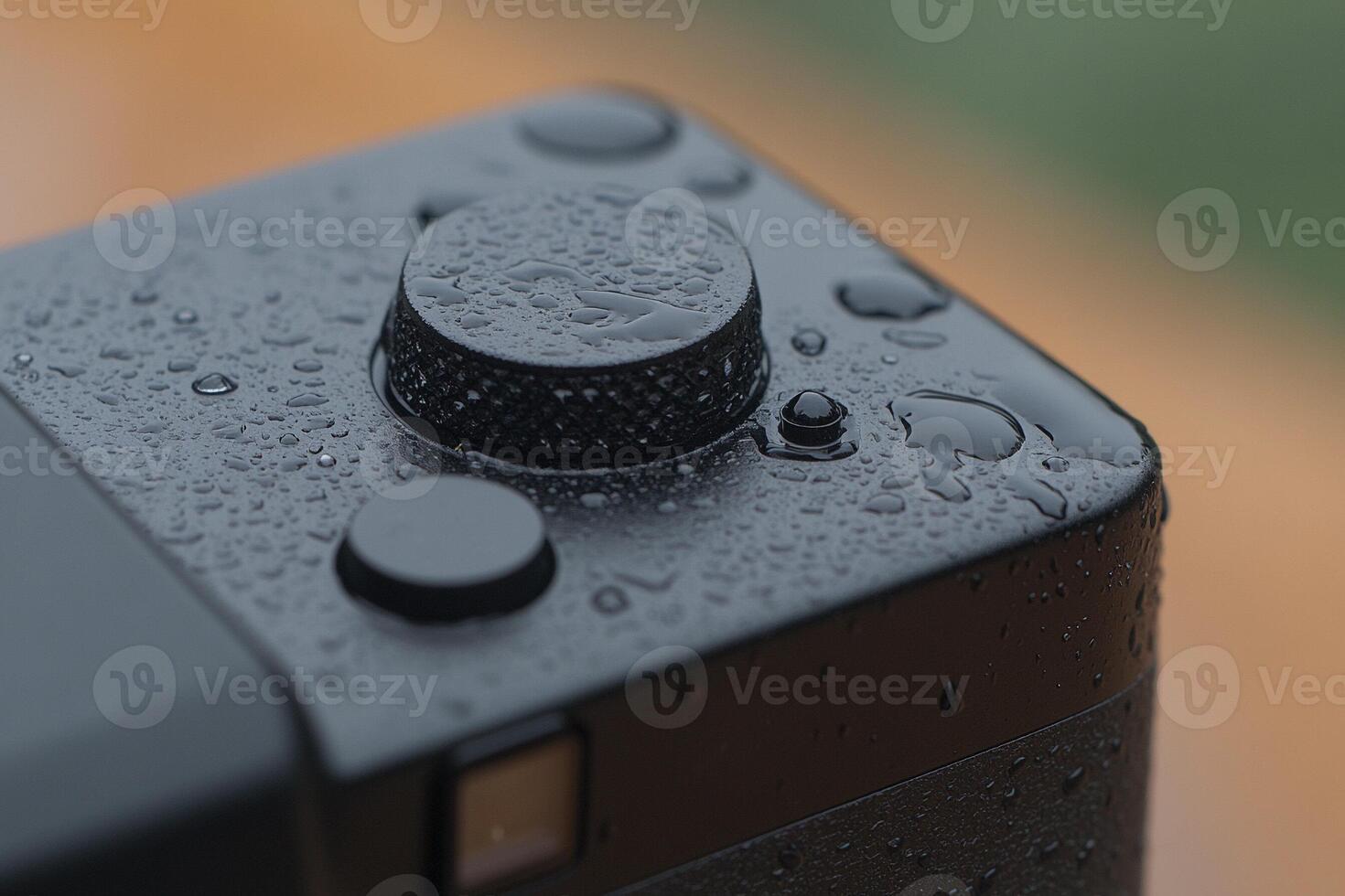 A close up of a camera with water droplets on it photo