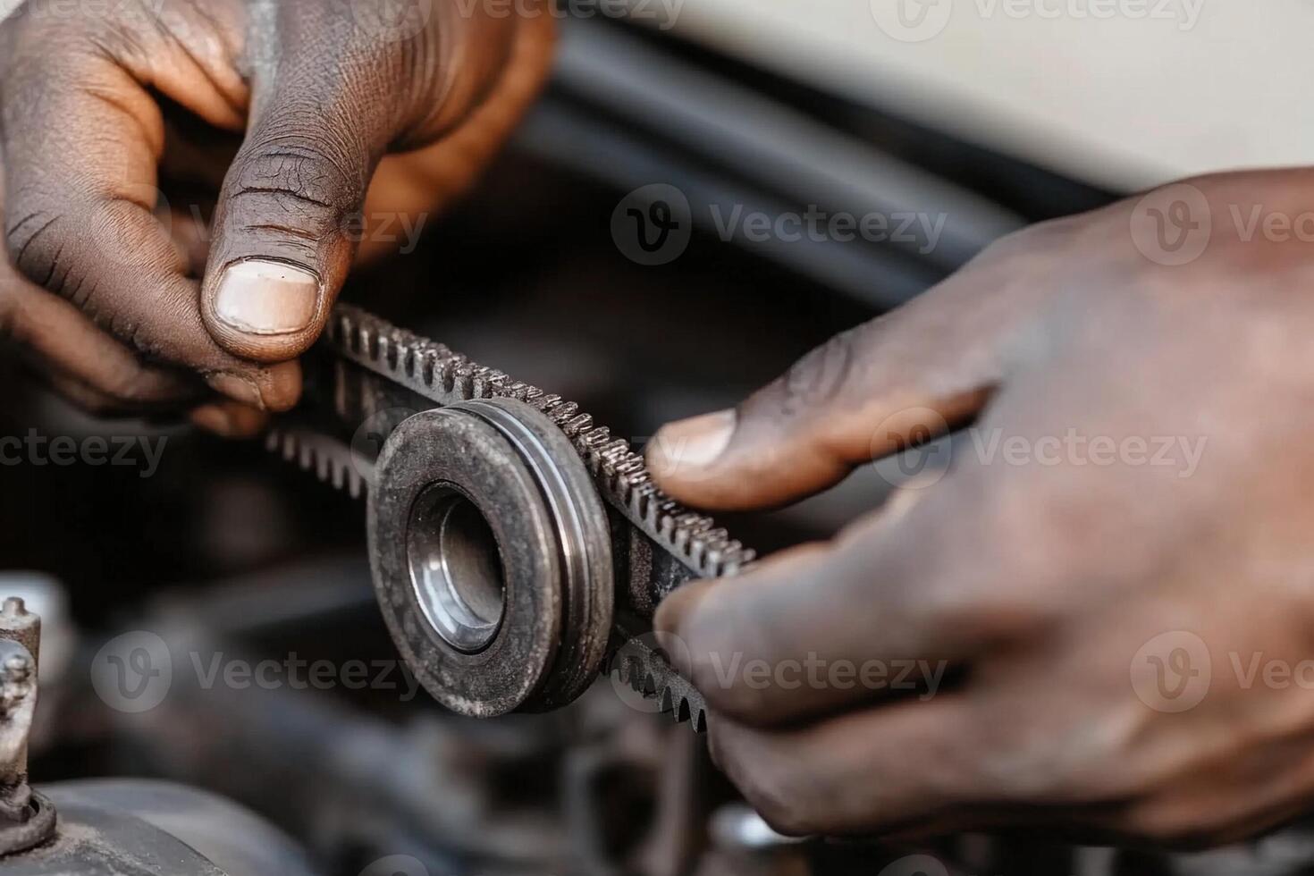 A man is holding a chain on a car engine photo