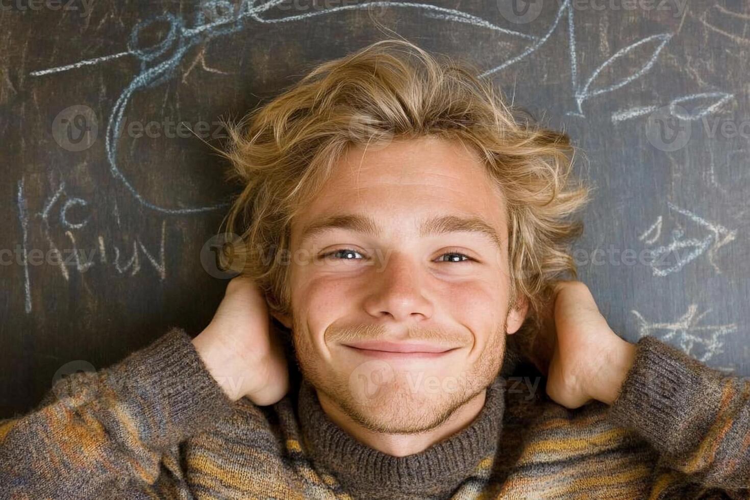 A young man is smiling while holding his head up photo