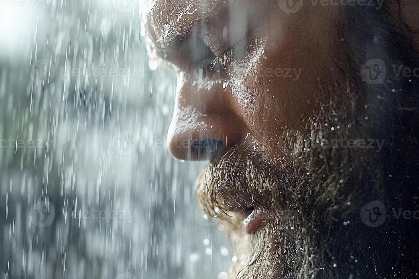 A bearded man with a beard and a rain hat photo