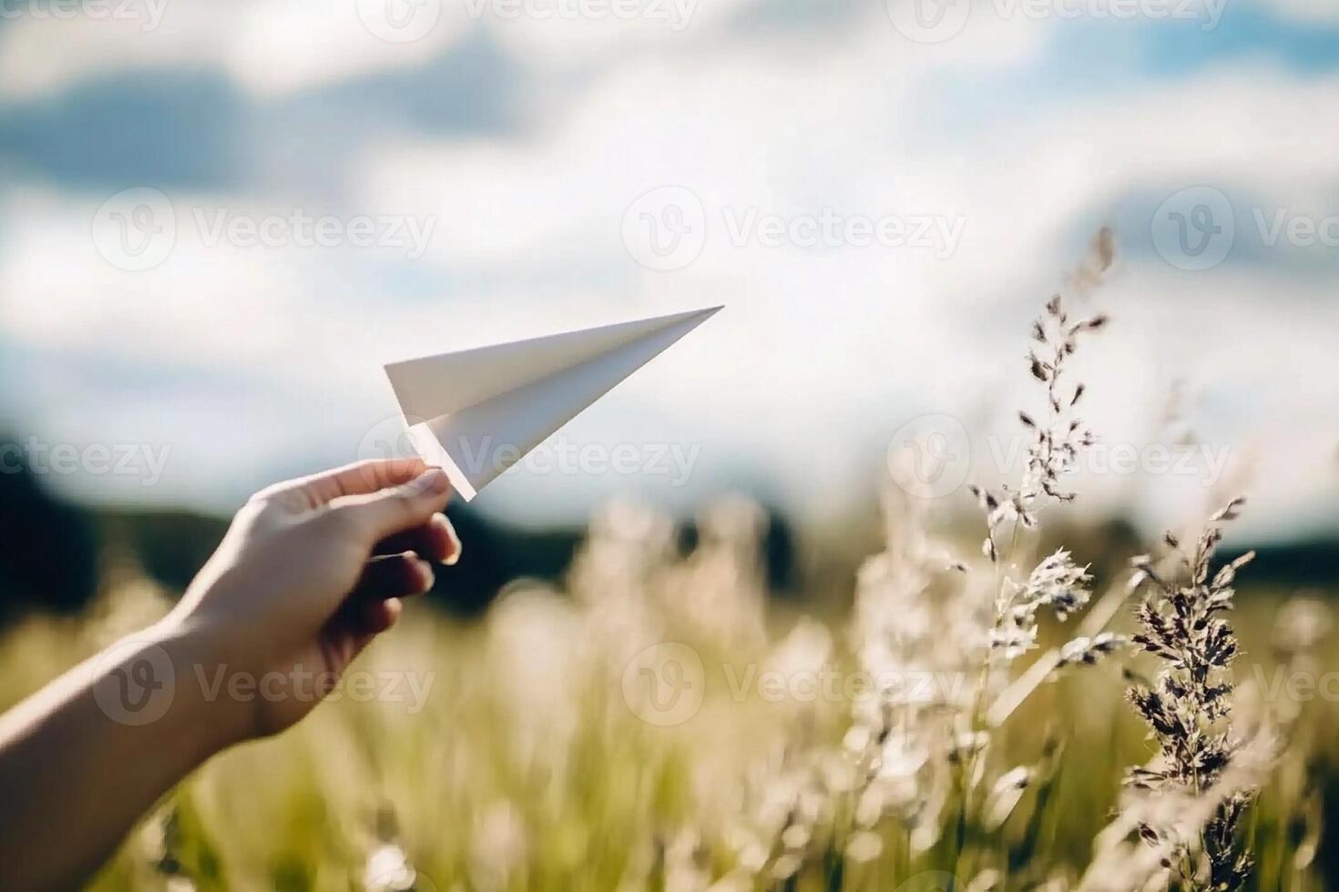 A person holding a paper airplane in a field photo