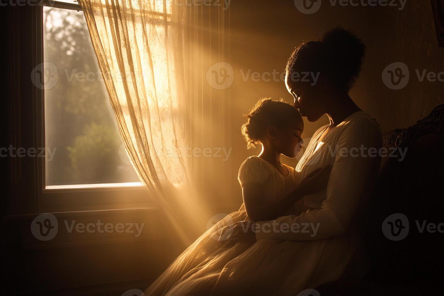 A woman and her daughter are sitting in front of a window photo