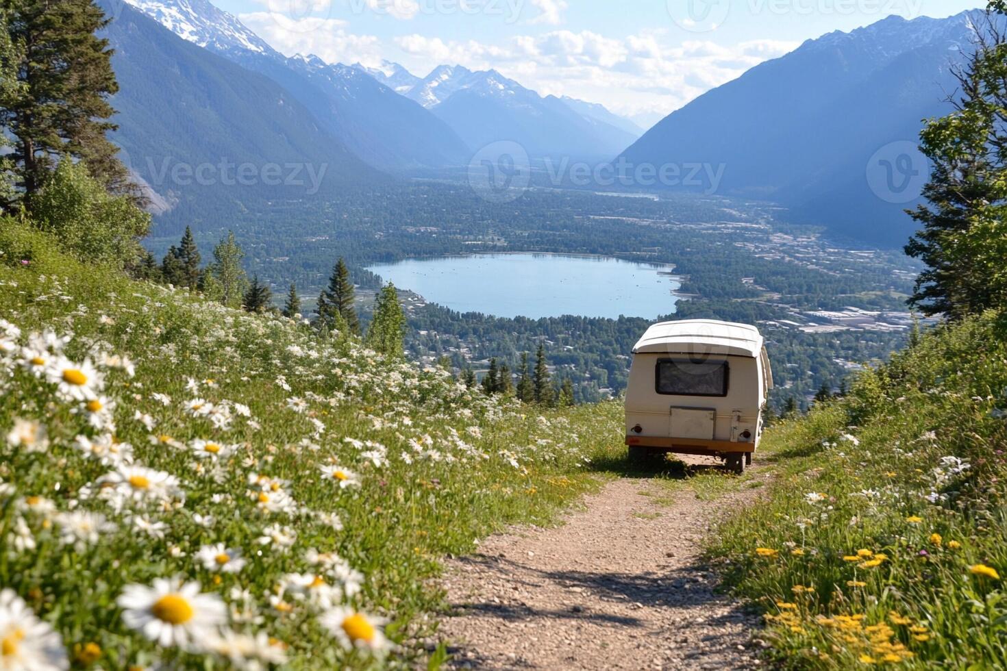 A camper van is parked on a trail near a lake photo