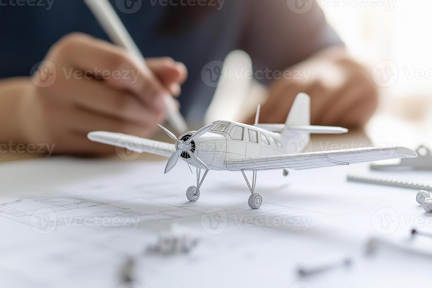 A person is drawing a model airplane on a table photo
