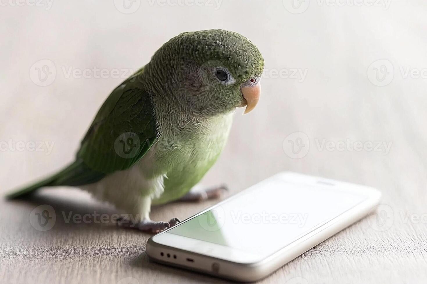 A green parrot sitting on a table next to a cell phone photo