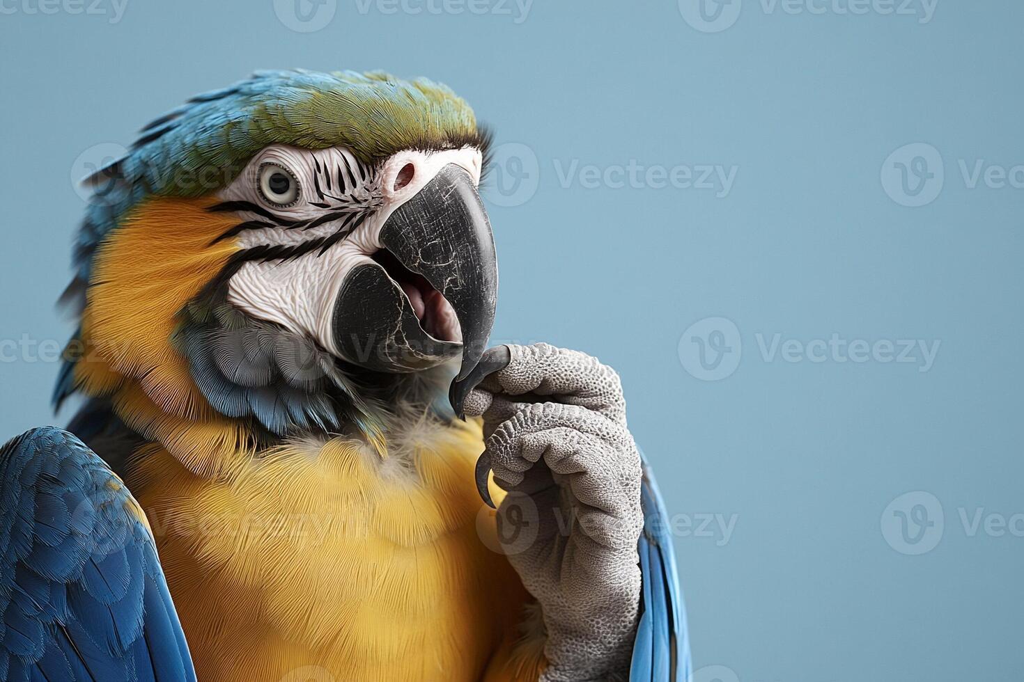A blue and yellow parrot with its beak open photo