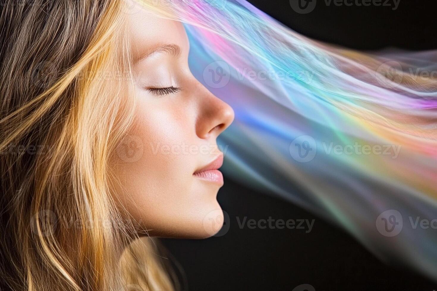 A woman with her eyes closed and rainbow colored smoke coming out of her hair photo