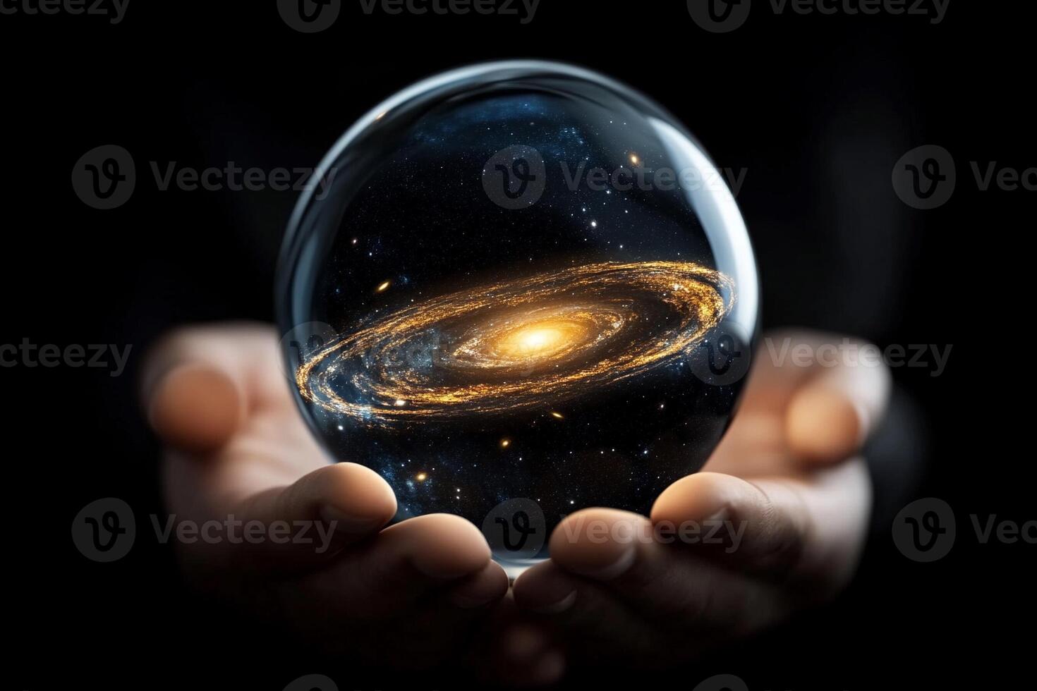 A person holding a glass sphere with a galaxy inside photo