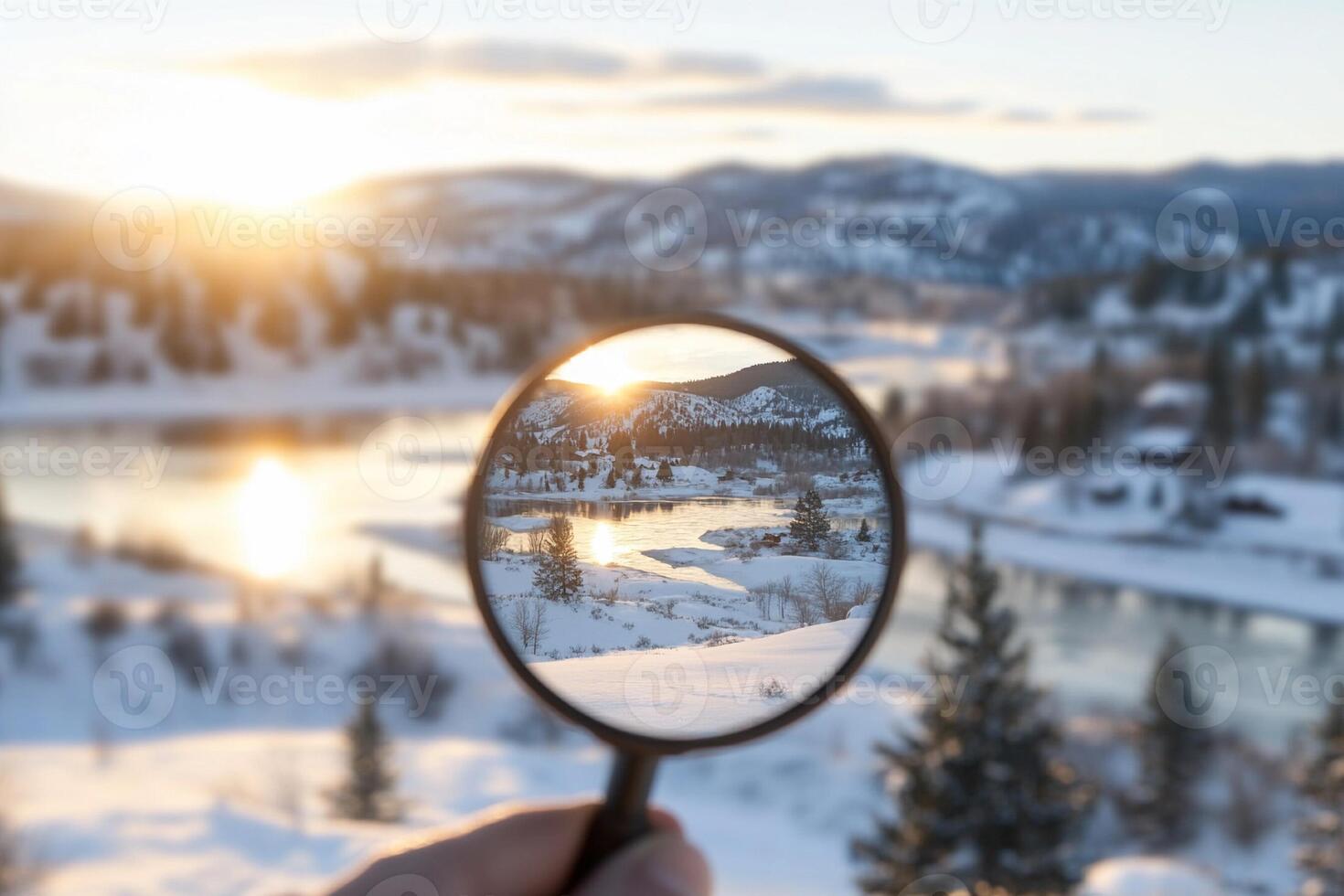 A person holding a magnifying glass over a snowy landscape photo