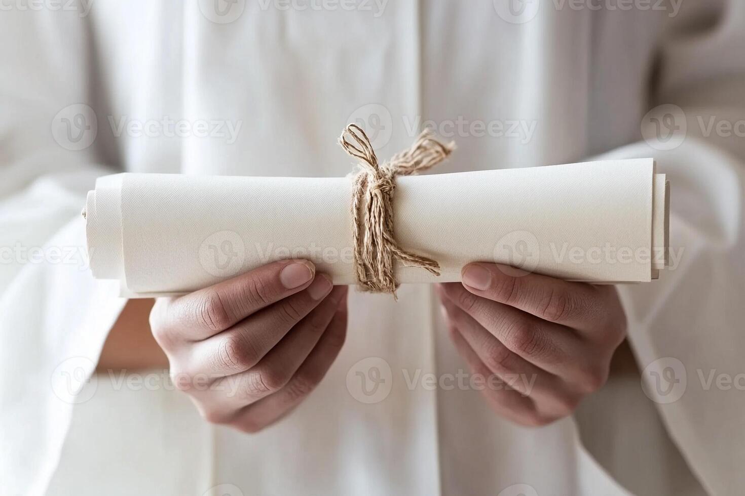 A person in a white robe holding a piece of paper photo