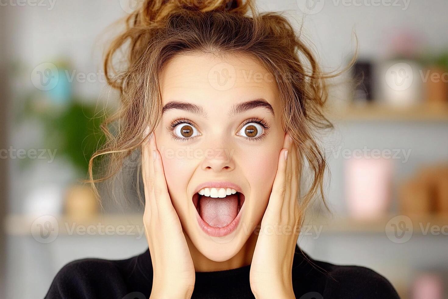 A woman with her mouth open and surprised expression photo