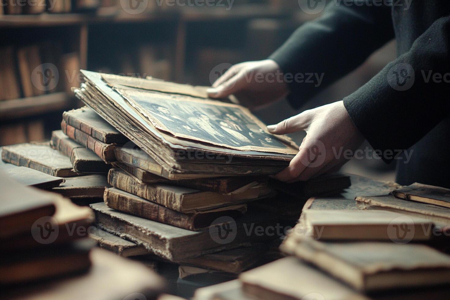 A person is holding an old book in a library photo