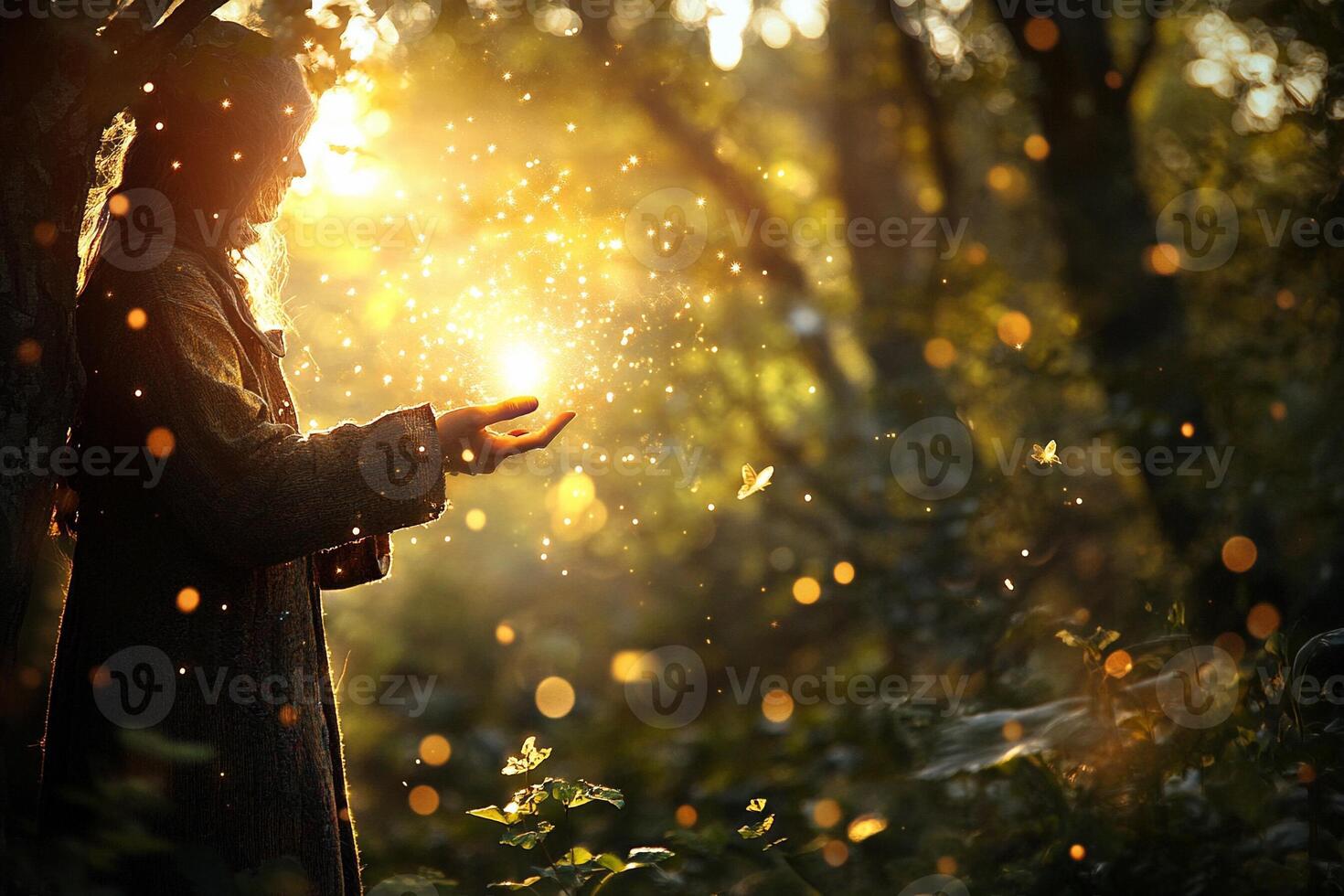 A man in a forest holding a sparkler photo